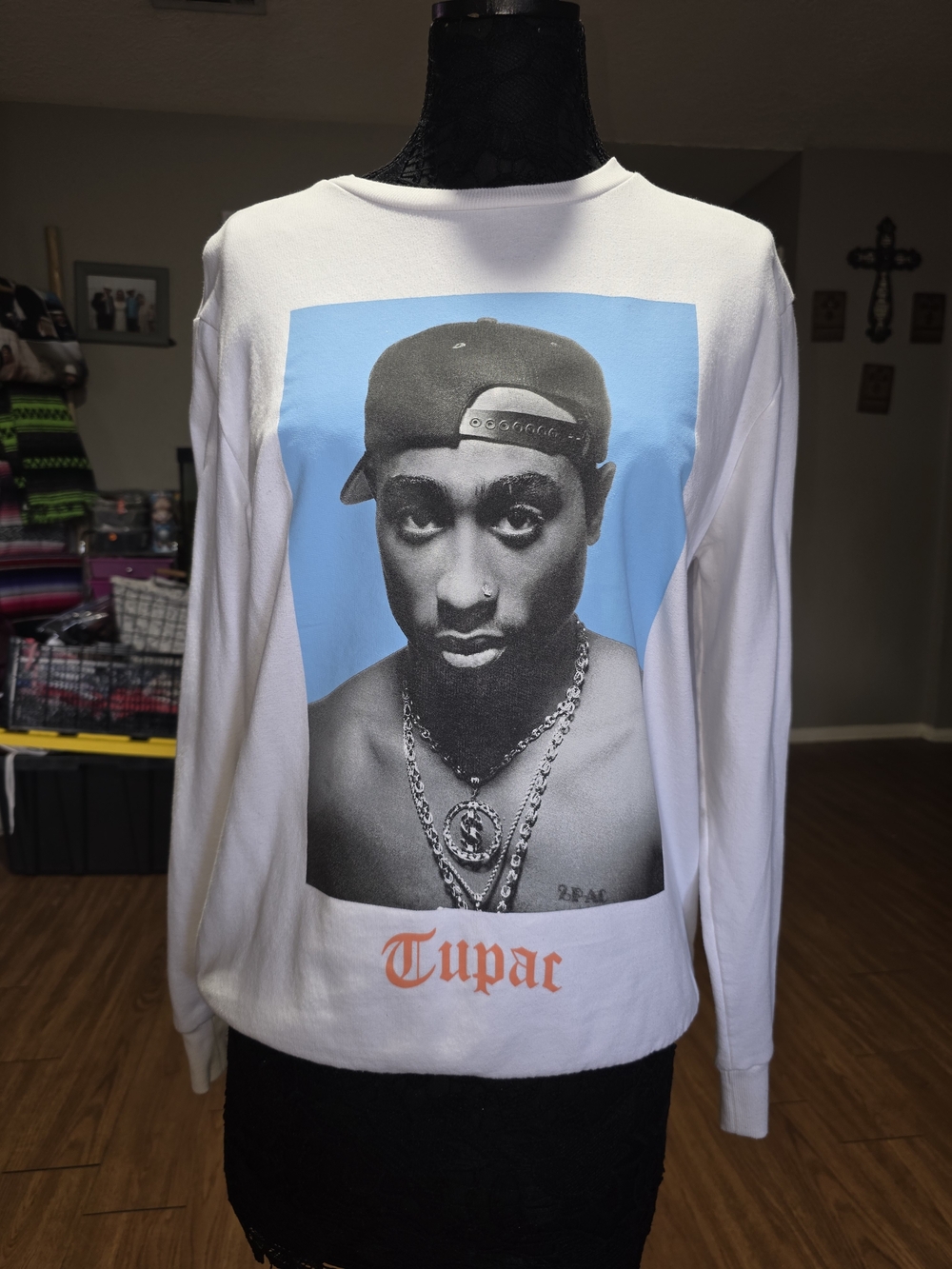 Bravado White Tupac Crewneck Sweater with Blue Photo Panel